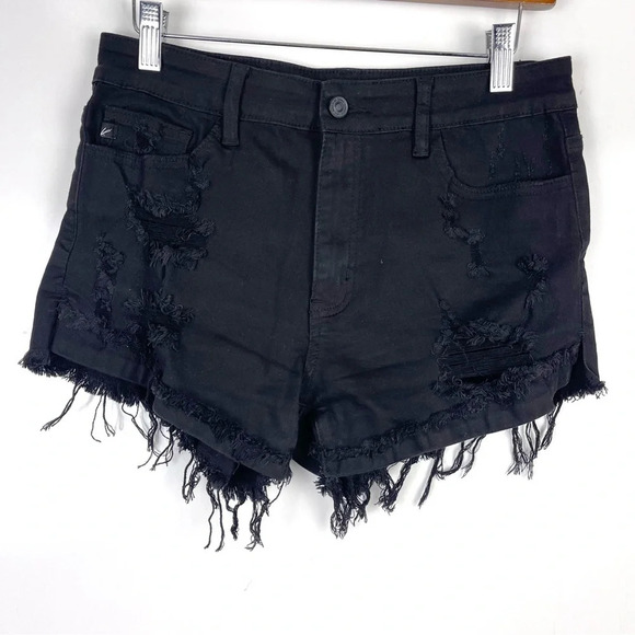 KanCan Black Distressed Raw Frayed Hem High Rise Denim Shorts Women's - Picture 1 of 10